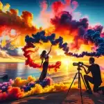 Photographer and model with colorful smoke bombs at an ocean sunset photo shoot
