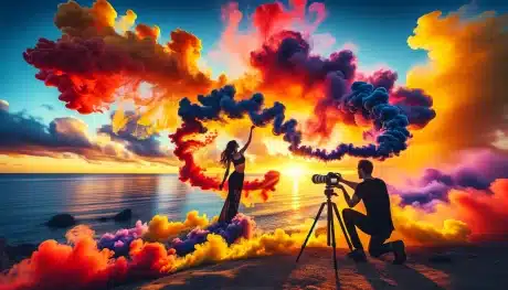 Photographer and model with colorful smoke bombs at an ocean sunset photo shoot