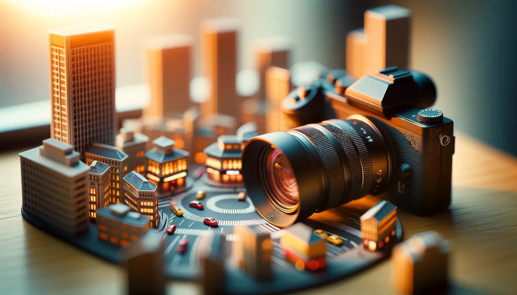 Camera equipped with a tilt-shift lens capturing an architectural subject with areas in sharp focus and others artistically blurred