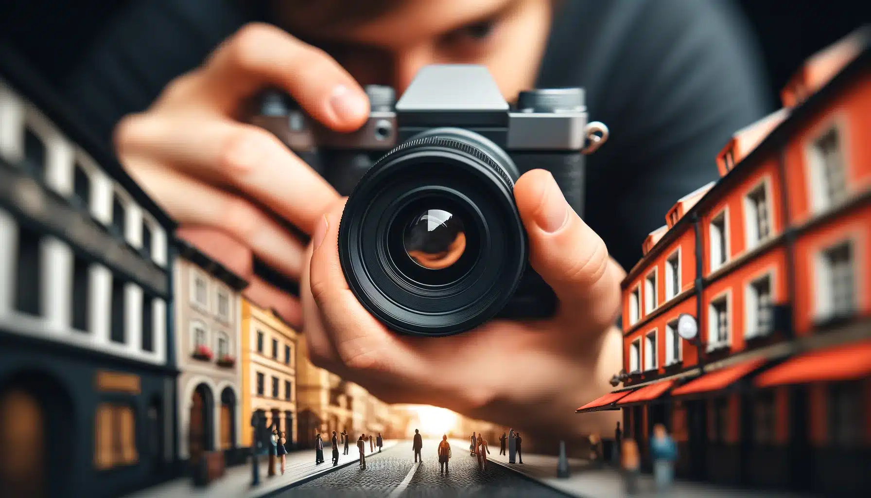 Person using a tilt-shift lens on a camera in an urban or architectural setting