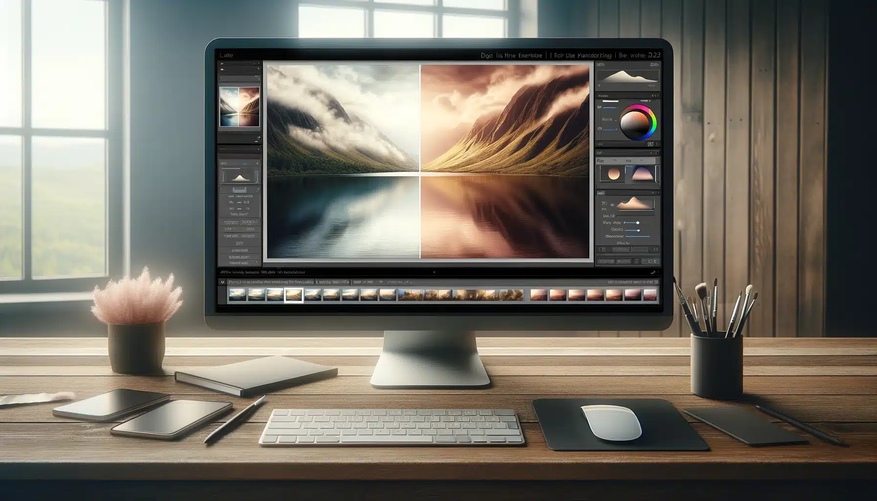 Photo editing workspace applying Gaussian Blur on an image with a clear and a blurred section