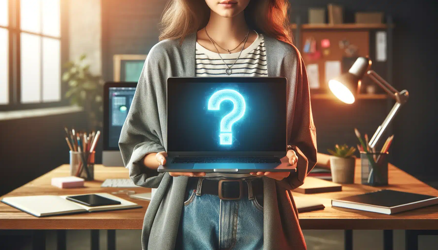 A woman standing in a creative workspace holding a laptop with a glowing blue question mark on the screen. The background features a desk with various office supplies and a computer.