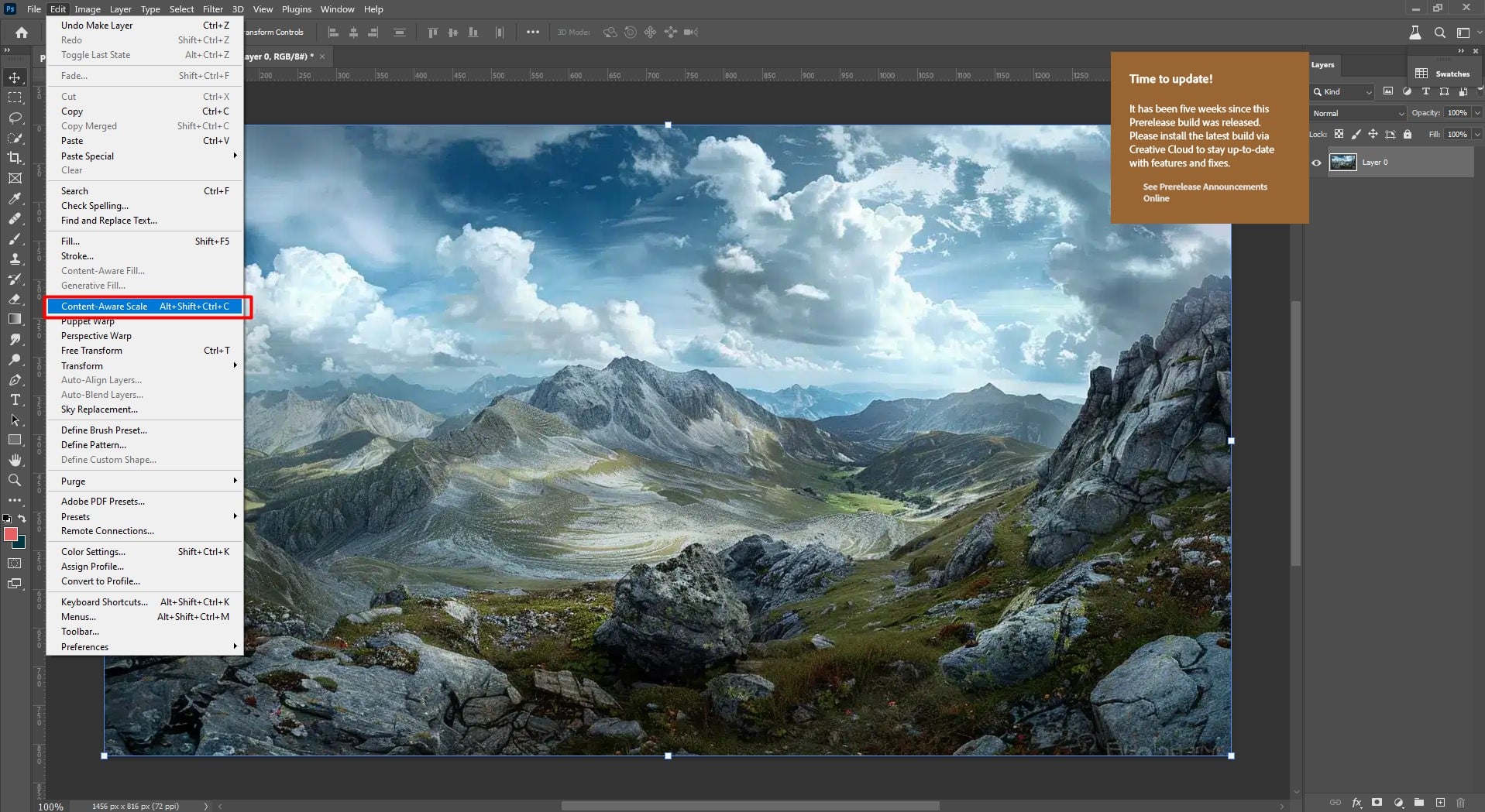 Photoshop layout of content aware scale of Photo of a mounatins and clouds
