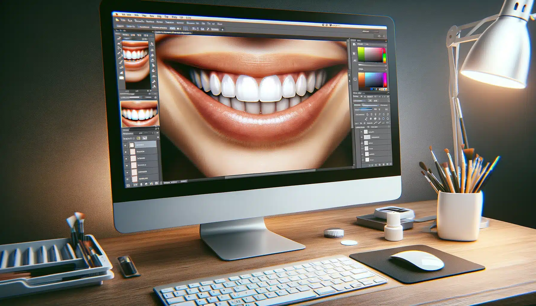 A computer screen showing a Photoshop interface with a close-up image of teeth being whitened. Tools like layers, hue/saturation adjustments, and the sponge tool are visible.
