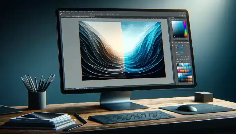 Computer monitor displaying a split view of an image before and after using the 'Invert Color' feature in Photoshop, with a modern and clean interface, partial view of a desk, keyboard, and mouse