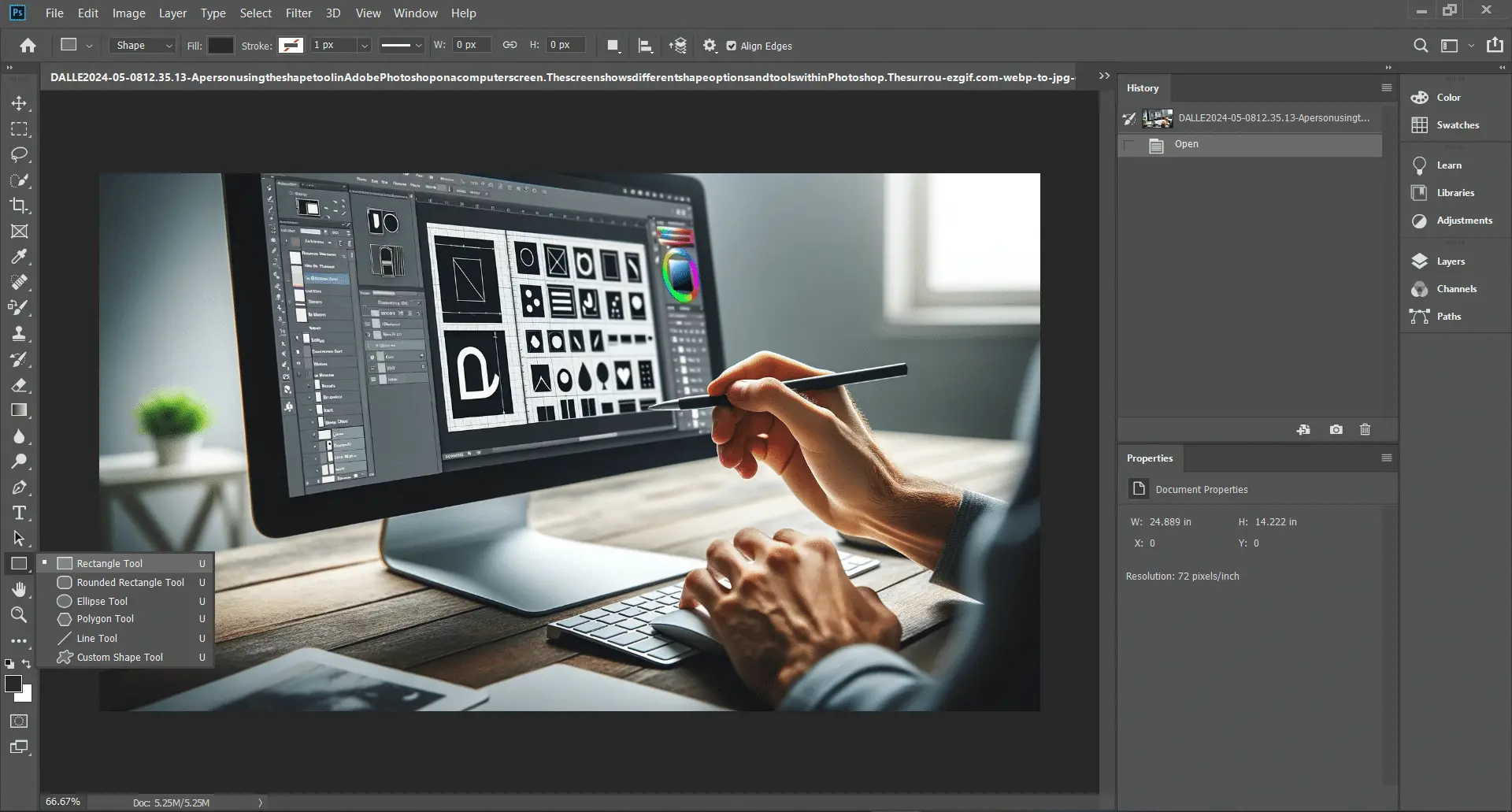 Graphic designer using the Shape Tool in Adobe Photoshop to create a custom shape on a digital canvas.