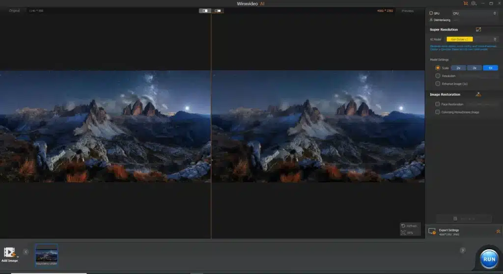 A comparison of two mountain landscape images processed using Winxvideo AI Upscale Image software. The left side shows the original image, and the right side displays the enhanced, upscaled version with increased clarity and detail.