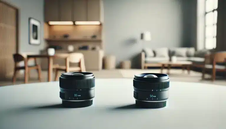 Close-up of two camera lenses, one 35mm and one 50mm, placed side by side on a clean, minimalist surface. The background is simple and well-lit, highlighting the lenses' details.