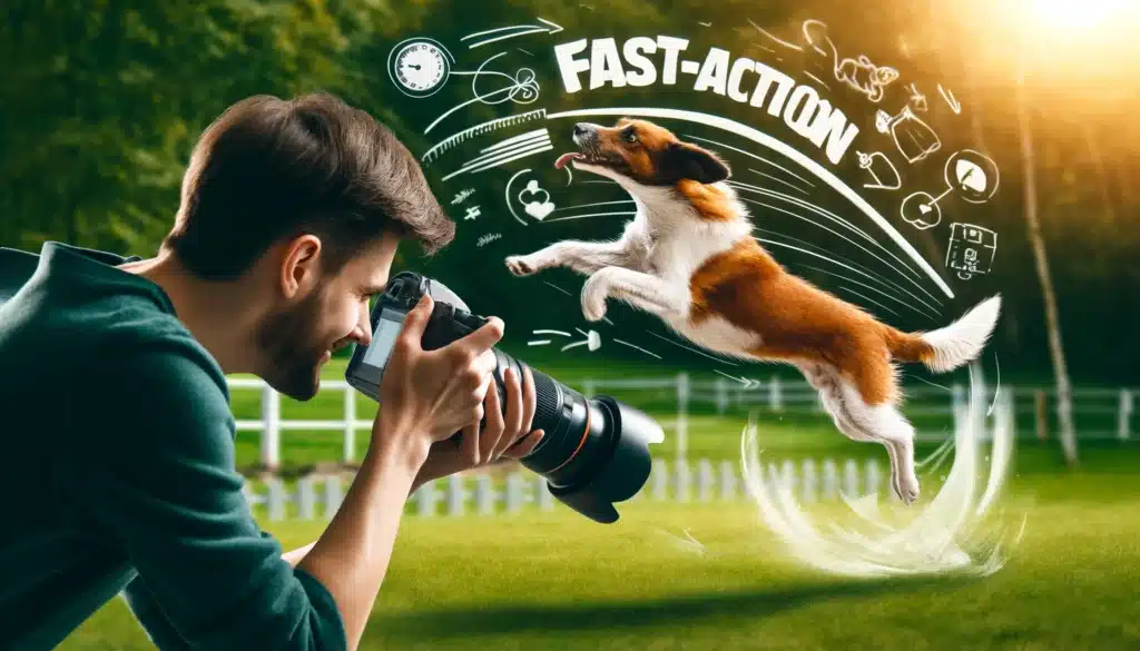 Photographer capturing a playful dog during a pet photoshoot in a park