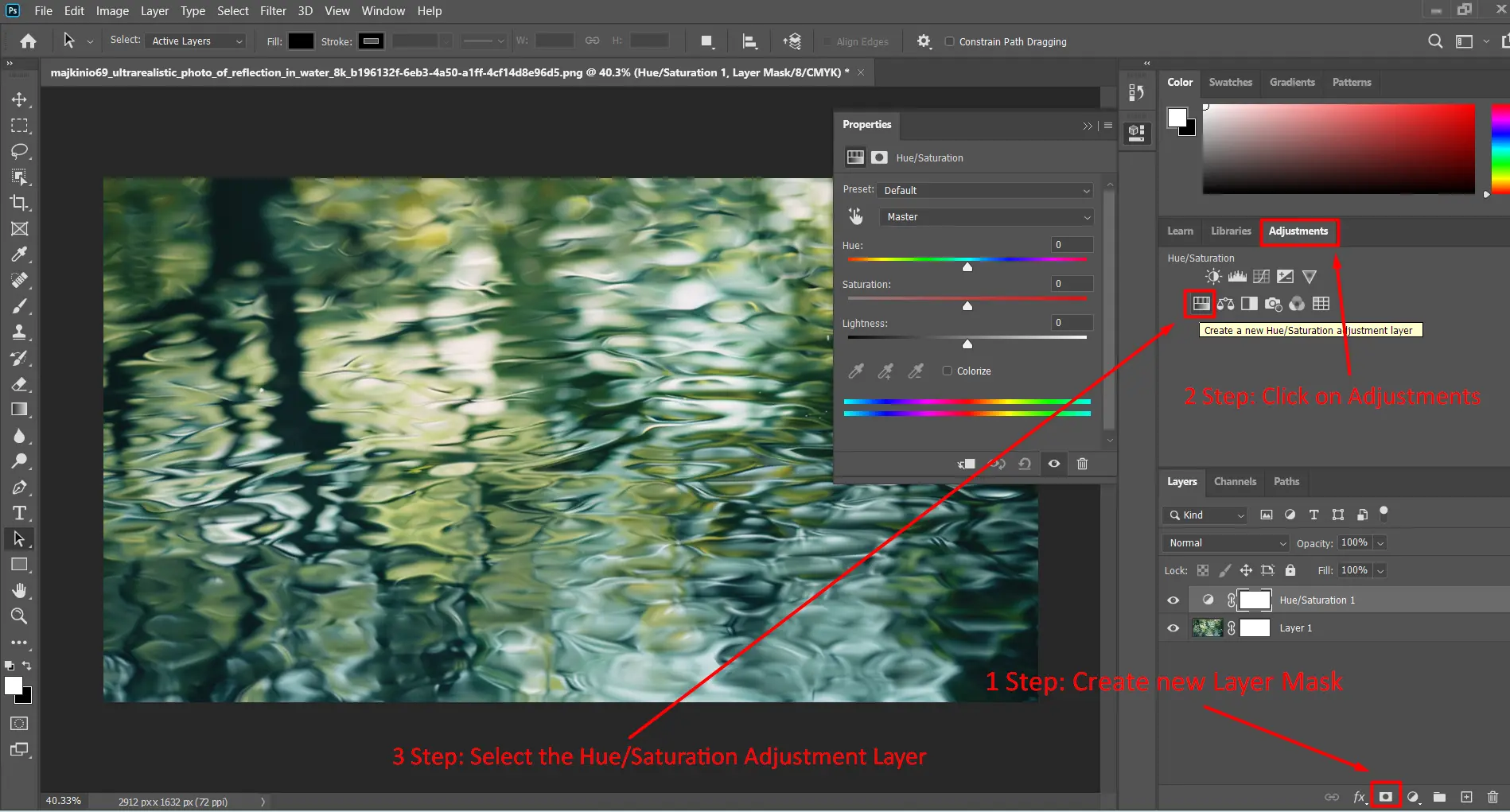 Reflection in water image with the Hue/Saturation adjustment layer properties panel open. Steps to create a new layer mask and adjust settings are highlighted