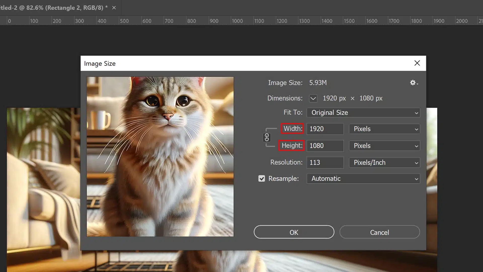 Adjusting image size in Ps command bar