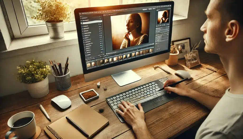 A person working on a desktop computer with photo editing software open, applying a sepia filter to a portrait photo using an adjustment layer. The workspace includes a keyboard, mouse, cup of coffee, notebook, and natural light from a nearby window, with plants and decorative items around the desk.