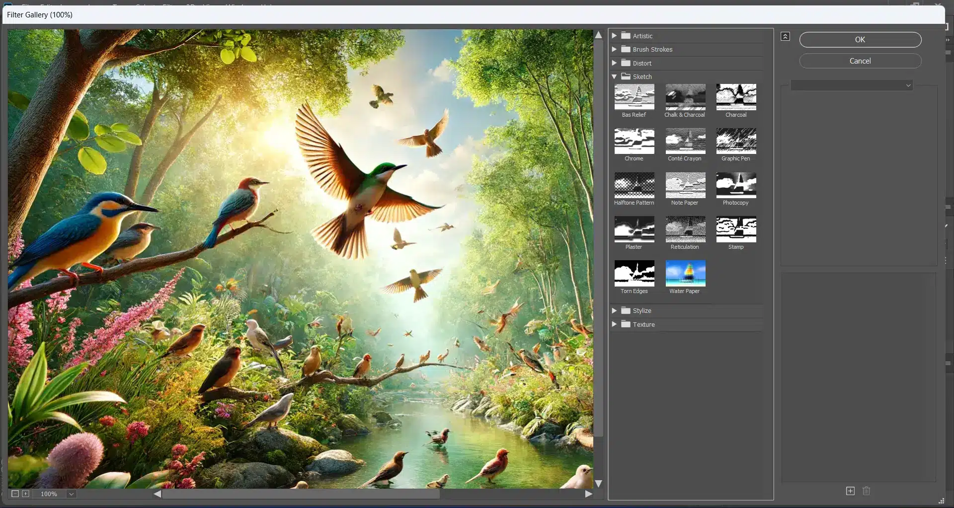 Birds in nature with a sketch pencil effect applied, giving a hand-drawn look in Adobe Photoshop