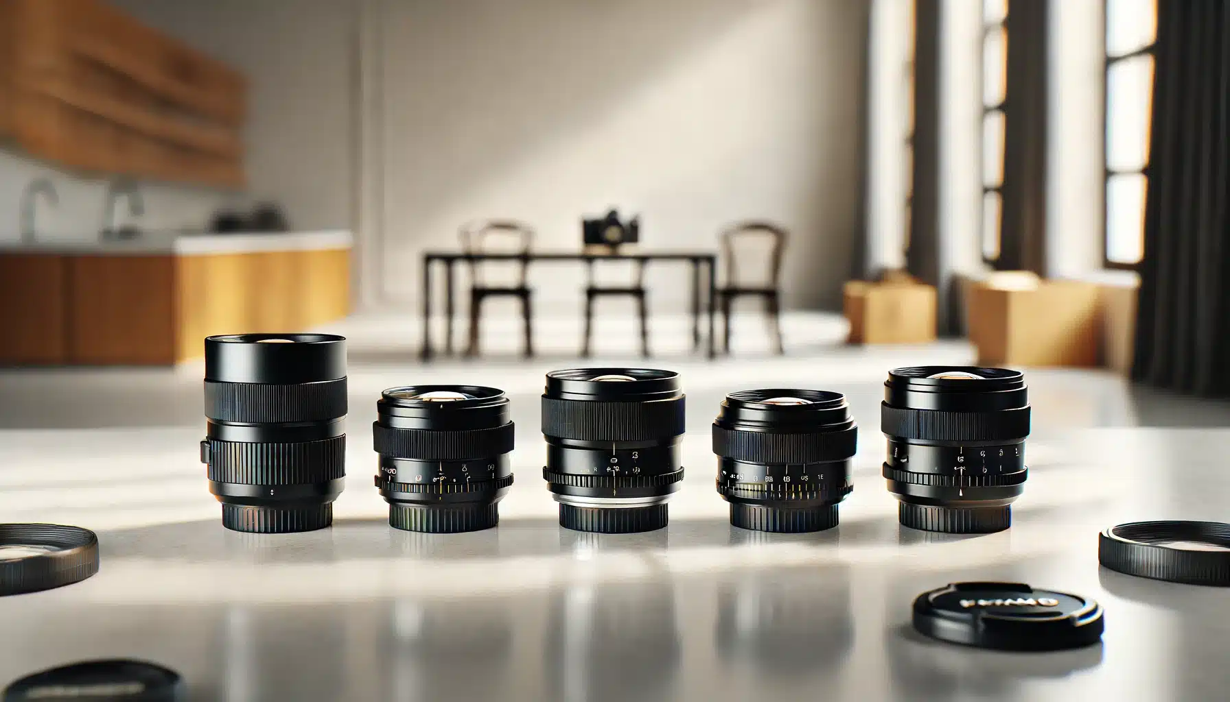 Close-up of five different 35mm camera lenses arranged neatly on a clean, minimalist surface. The lenses are of various brands and designs, with a simple and well-lit background.