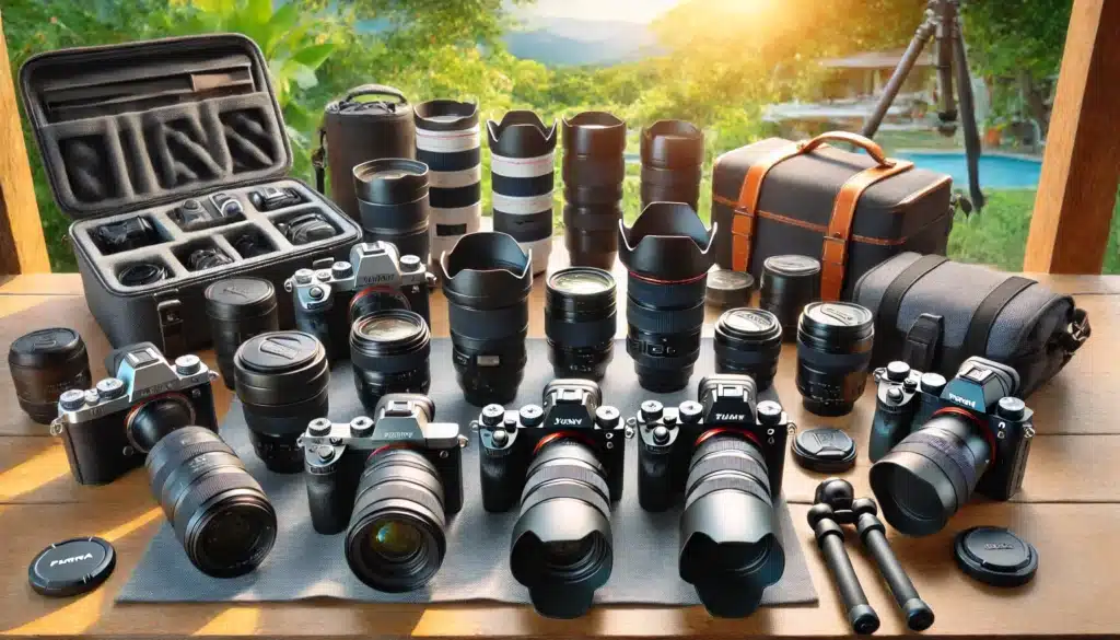 A selection of mirrorless cameras for travel and wildlife photography displayed on a clean table with a nature setting in the background. Various models are neatly arranged with lenses attached, along with some photography accessories like camera bags and tripods.