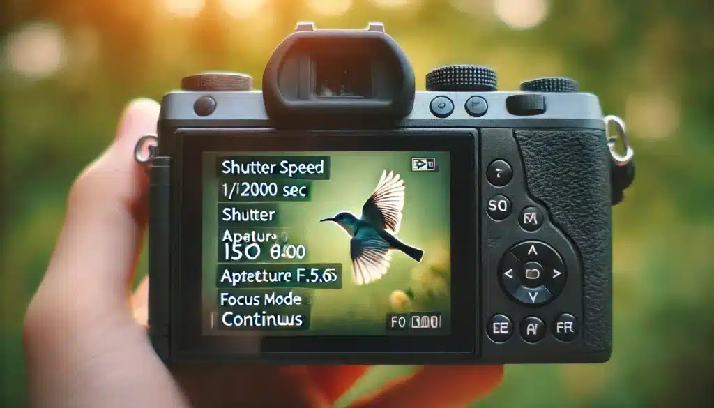 Camera display showing settings for fowl shooting in an outdoor setting