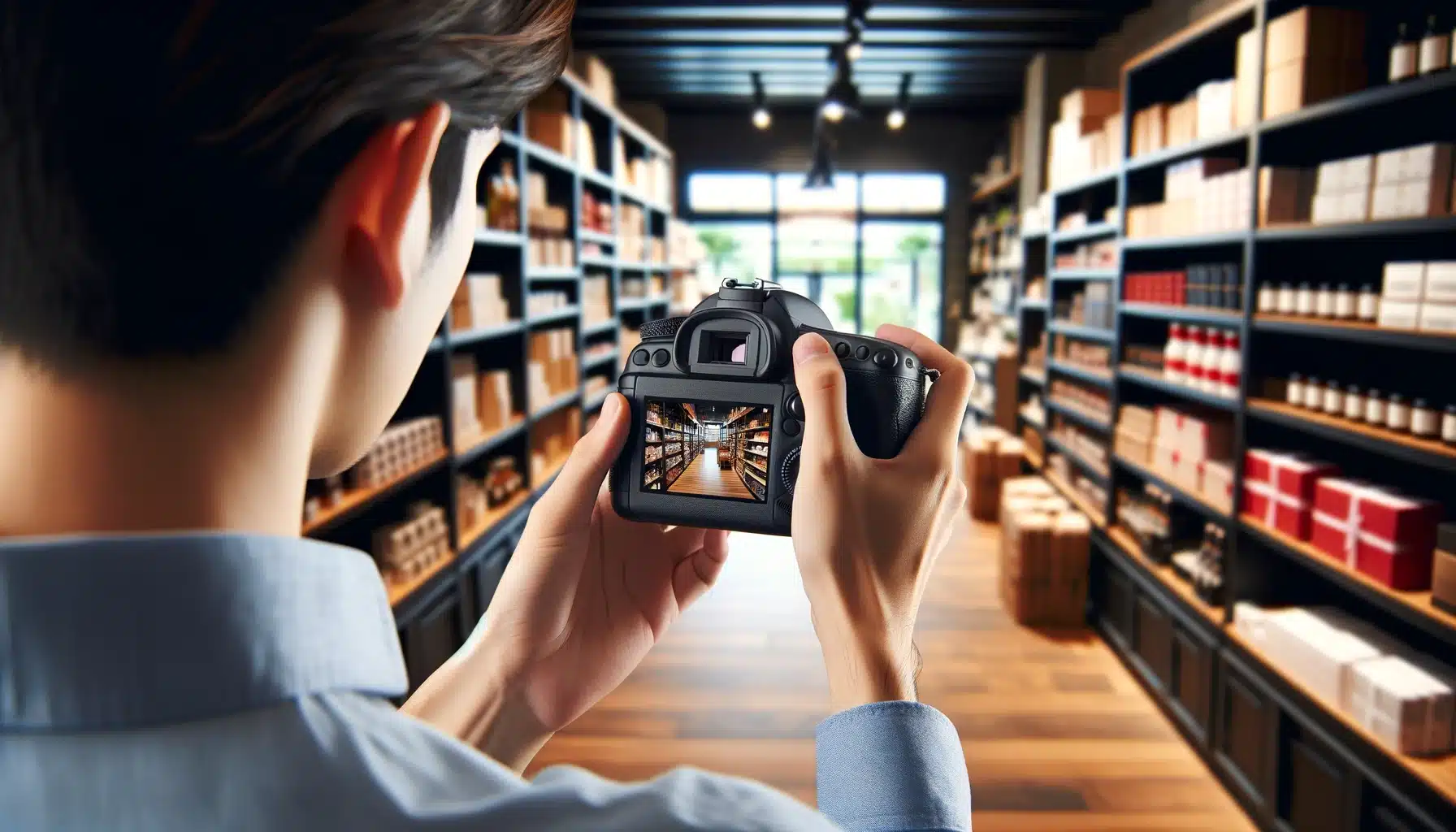 A person capturing a photo of a well-lit retail store using a professional camera. The store has various products neatly arranged on shelves.