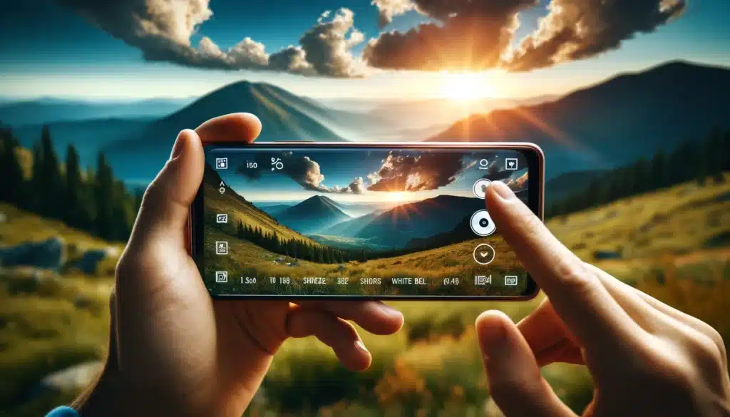 Photographer using smartphone to capture mountain landscape, showing camera settings on phone screen
