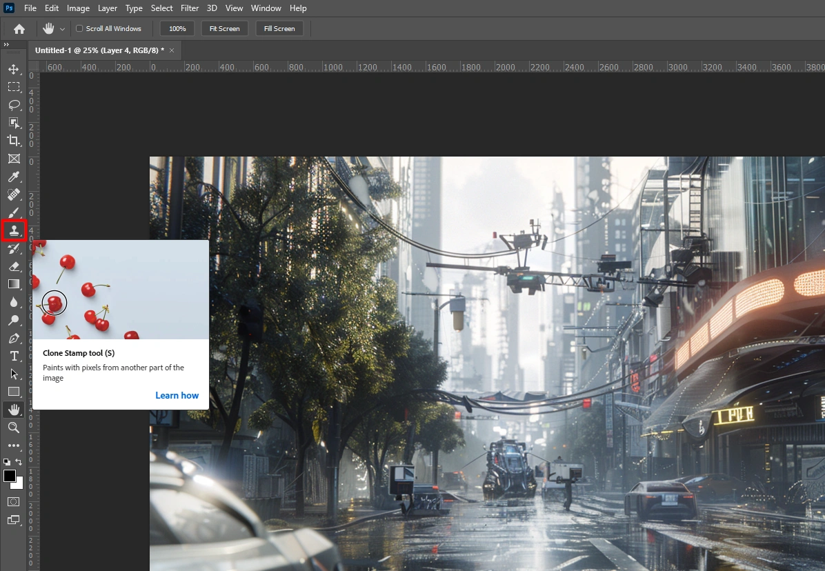 Photoshop interface with the Clone Stamp Tool highlighted in the toolbar.