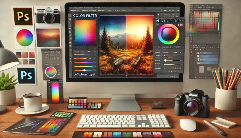 Color Filter Photoshop: Realistic view of Photoshop's interface with 'Photo Filter' adjustment layer, displaying a landscape photo with warm and cool color filters applied.