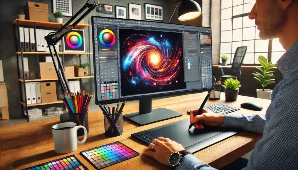 Professional graphic designer's workspace with Photoshop displaying color filter adjustments. Designer using tablet pen, surrounded by tools. Keywords: Color Filter Photoshop.