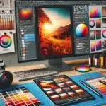 Color Filter Photoshop: Vibrant workspace with a printed landscape photo showing warm and cool color filters, color swatches, a professional digital camera, and detailed photo editing notes.