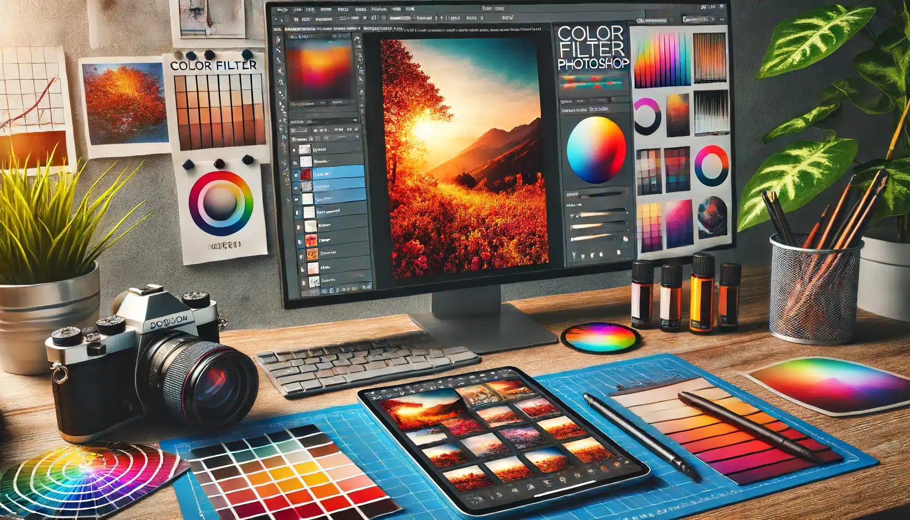 Color Filter Photoshop: Vibrant workspace with a printed landscape photo showing warm and cool color filters, color swatches, a professional digital camera, and detailed photo editing notes.