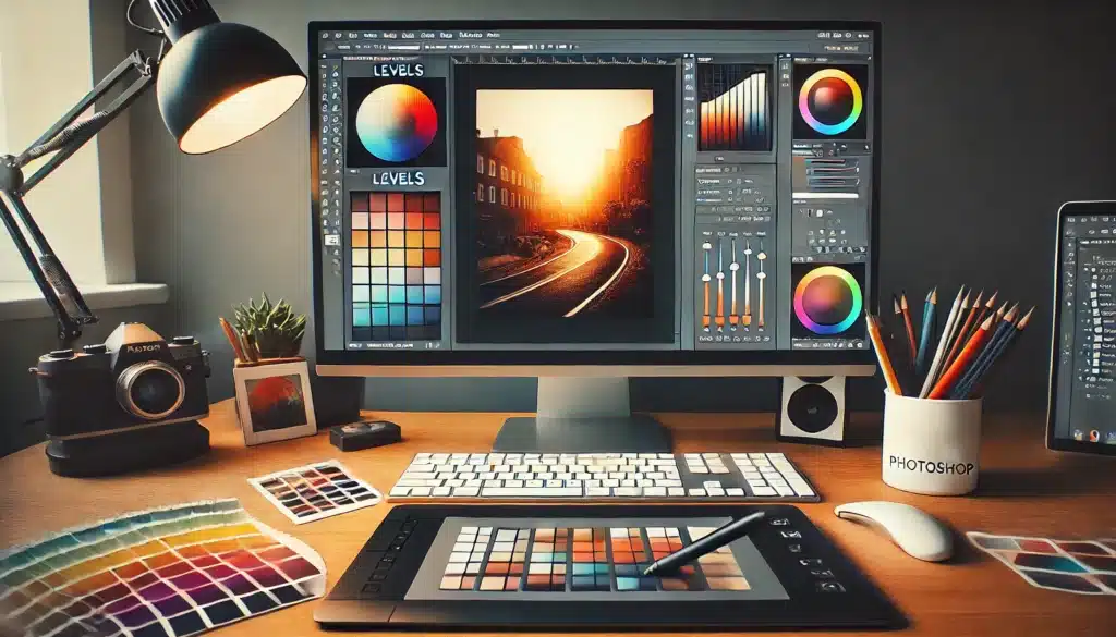 Color image of a workspace with Adobe Photoshop on a computer screen, editing color with Levels, Curves, and Selective Color tools. Includes a graphic tablet and photography gear for professional editing.