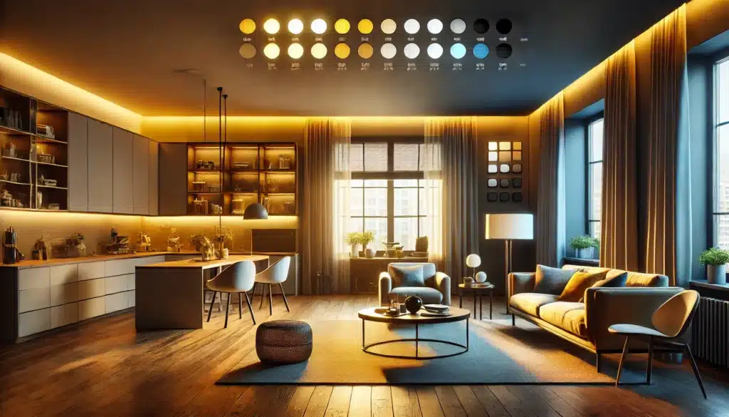 A modern living room showcasing various light sources to demonstrate different color temperatures: warm incandescent lights, cool white LED lights, and natural daylight streaming through a window. This color image shows the warm light with a yellowish hue, the cool light with a bluish hue, and neutral daylight.