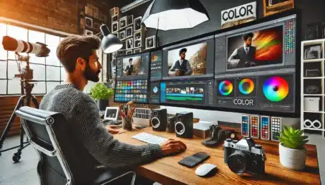A color image of a modern photography studio with a photographer editing images on a computer. The screen displays advanced color correction tools. The studio is equipped with cameras, lighting equipment, and editing software.