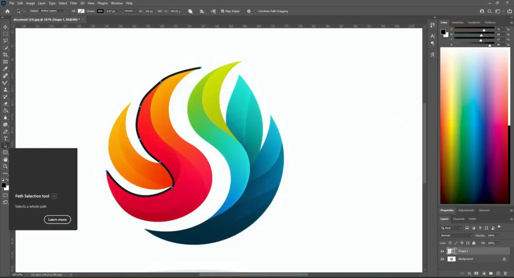 Adobe Photoshop interface showing the Path Selection Tool in use, with a multicolored abstract logo selected and various panels visible.