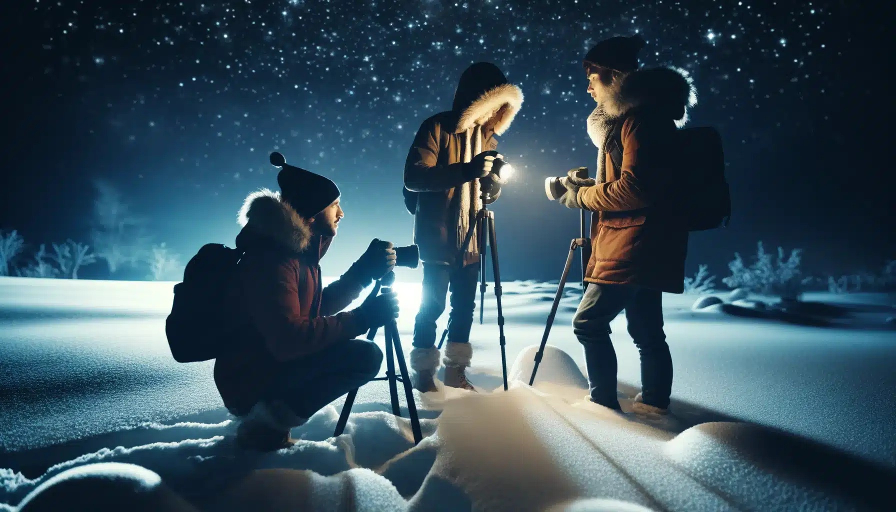 Three photographers capturing photos in the snow at night, discussing their creative ideas. They are dressed warmly and are set against a snow-covered landscape illuminated by soft, ambient lighting.
