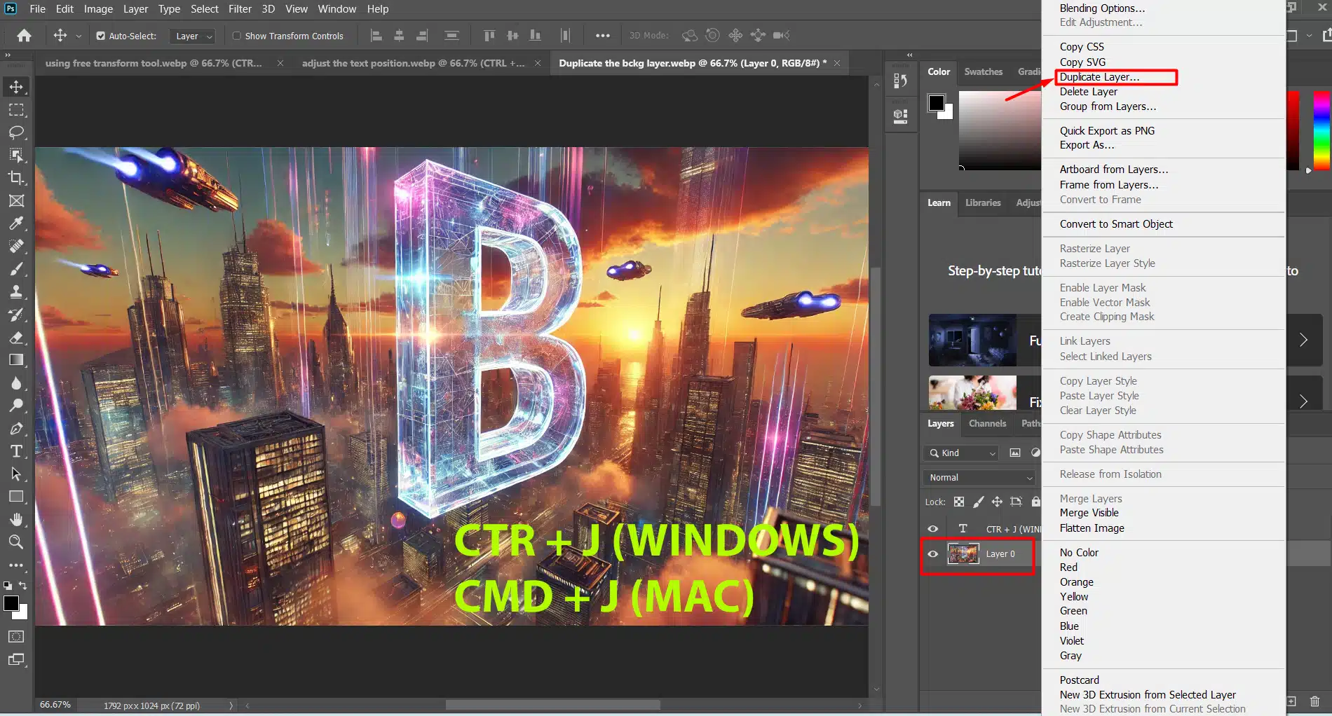 Photoshop interface with a futuristic cityscape and a large transparent letter 'B,' highlighting the Duplicate Layer option