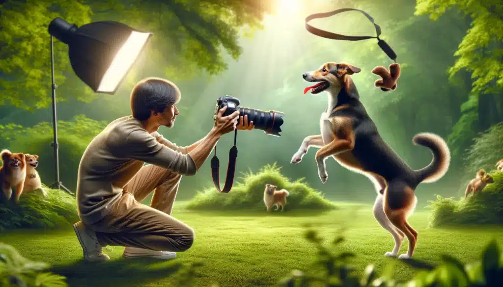 Photographer using a DSLR to capture a playful dog in a park