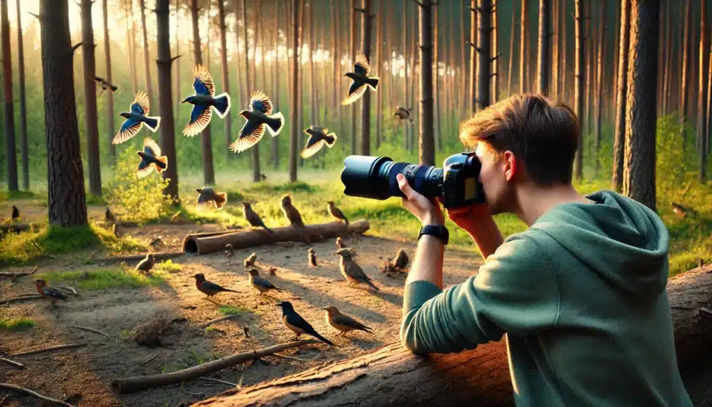 Photographer capturing birds in their natural habitat in a forest at dawn. Doing professional Birds Photography using a comprehensive Bird Photography Guide.