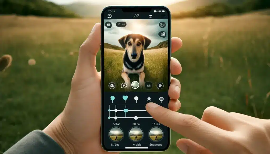 Person using mobile apps for pet photography outdoors