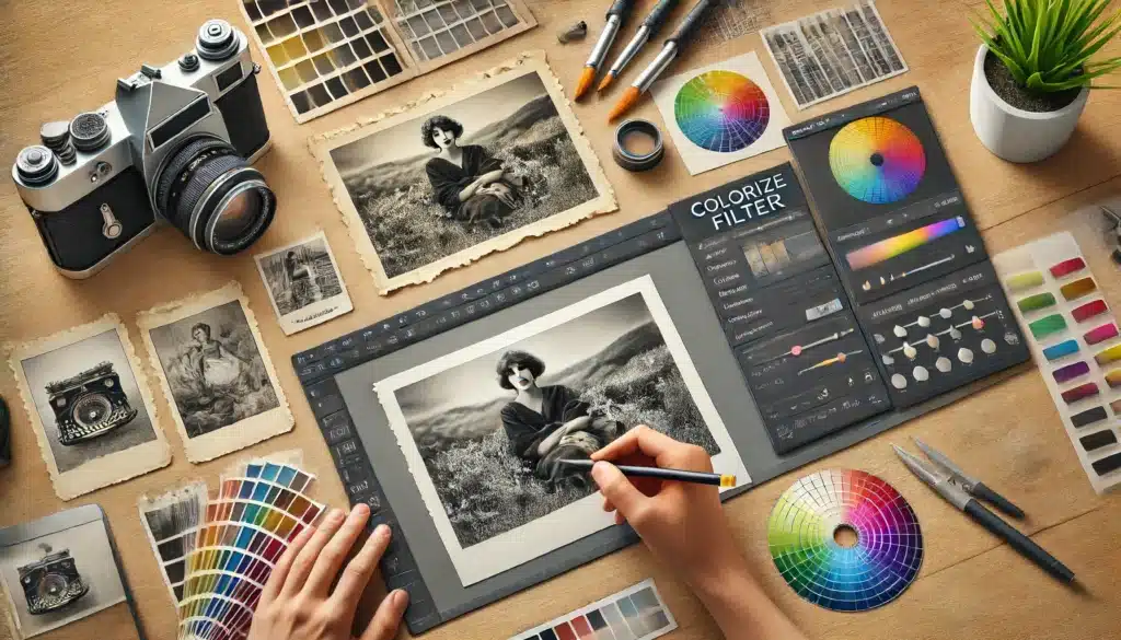 Enhancing Photos with the Colorize Filter: Realistic scene with a printed black and white photo, color palettes, and a transformed photo using the colorize filter, along with editing tools like brushes and sliders.