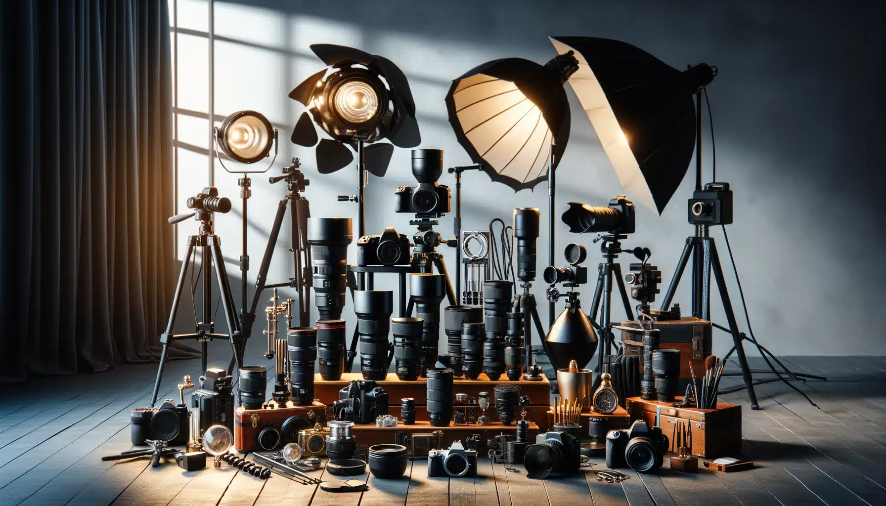 A collection of fine art photography equipment, including high-quality cameras, lenses, tripods, lighting setups, and artistic props, arranged on a table in a studio setting.