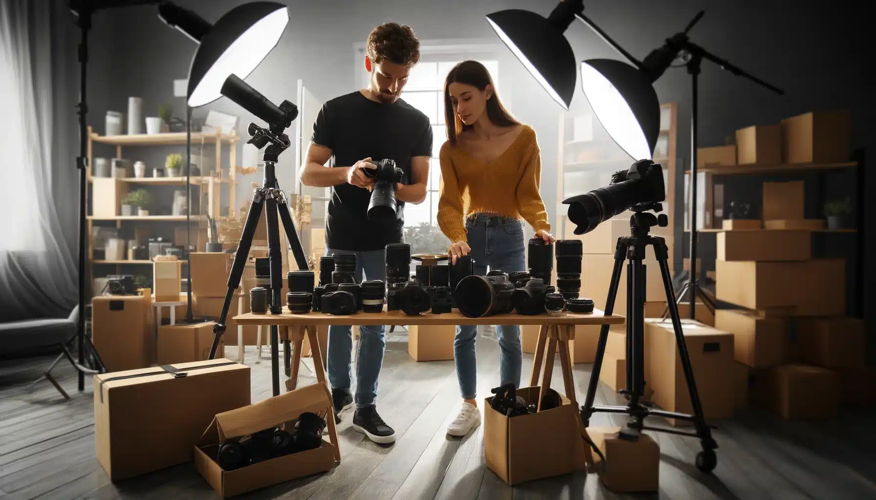 Two people checking photography equipment in a studio setting. The equipment includes professional cameras, tripods, lighting setups, and lenses.