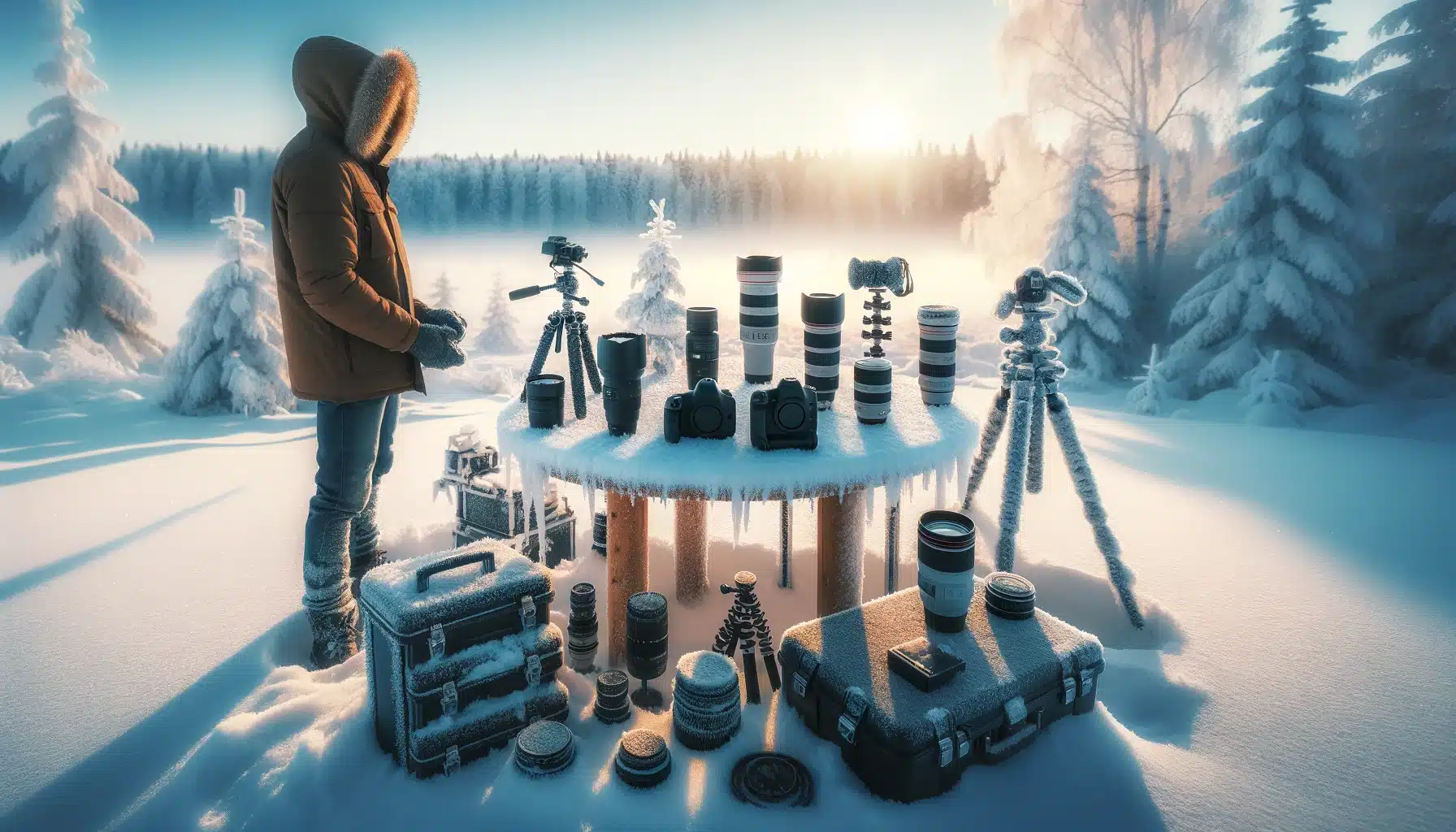 A person in warm clothing stands next to a snow-covered table with various photography gear, including cameras, lenses, and tripods, set against a snowy landscape with trees and a clear sky.