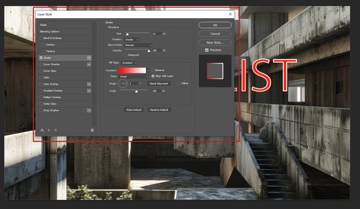 Layer Style dialog box in Photoshop with border settings highlighted.