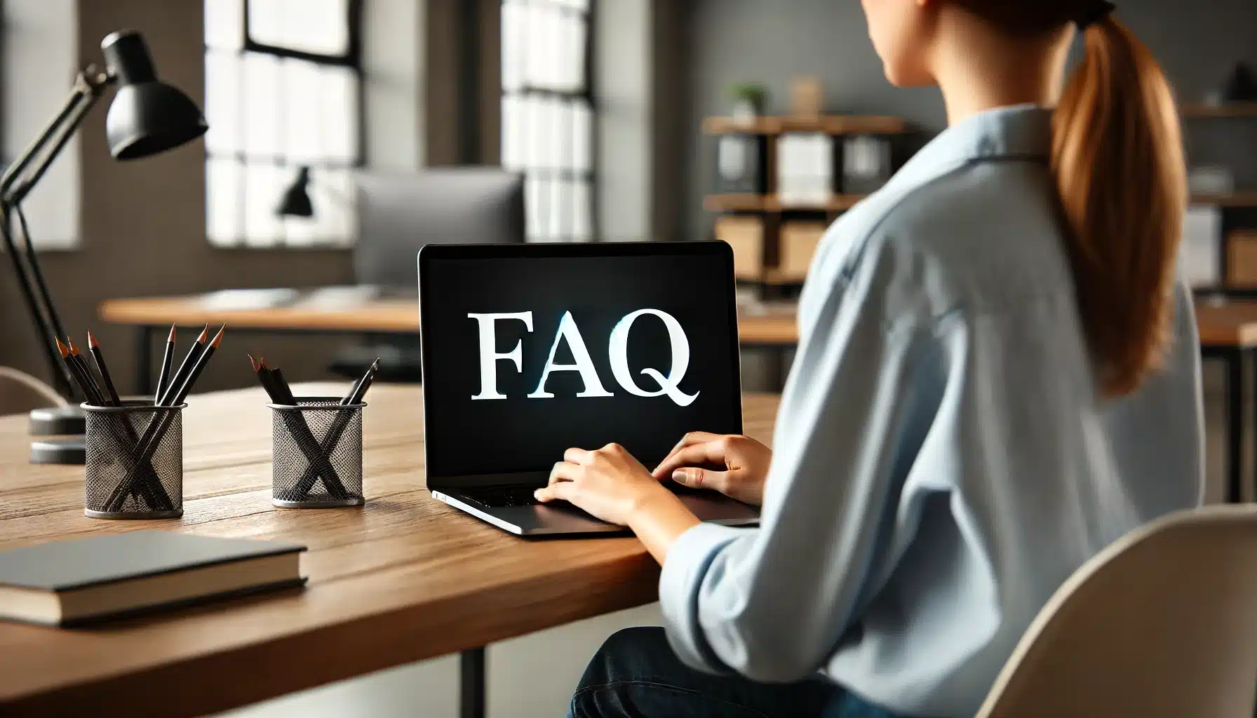 A woman sitting in a modern office in front of a laptop displaying the word 'FAQ' on the screen in bold typography. The desk is organized with some office supplies visible.