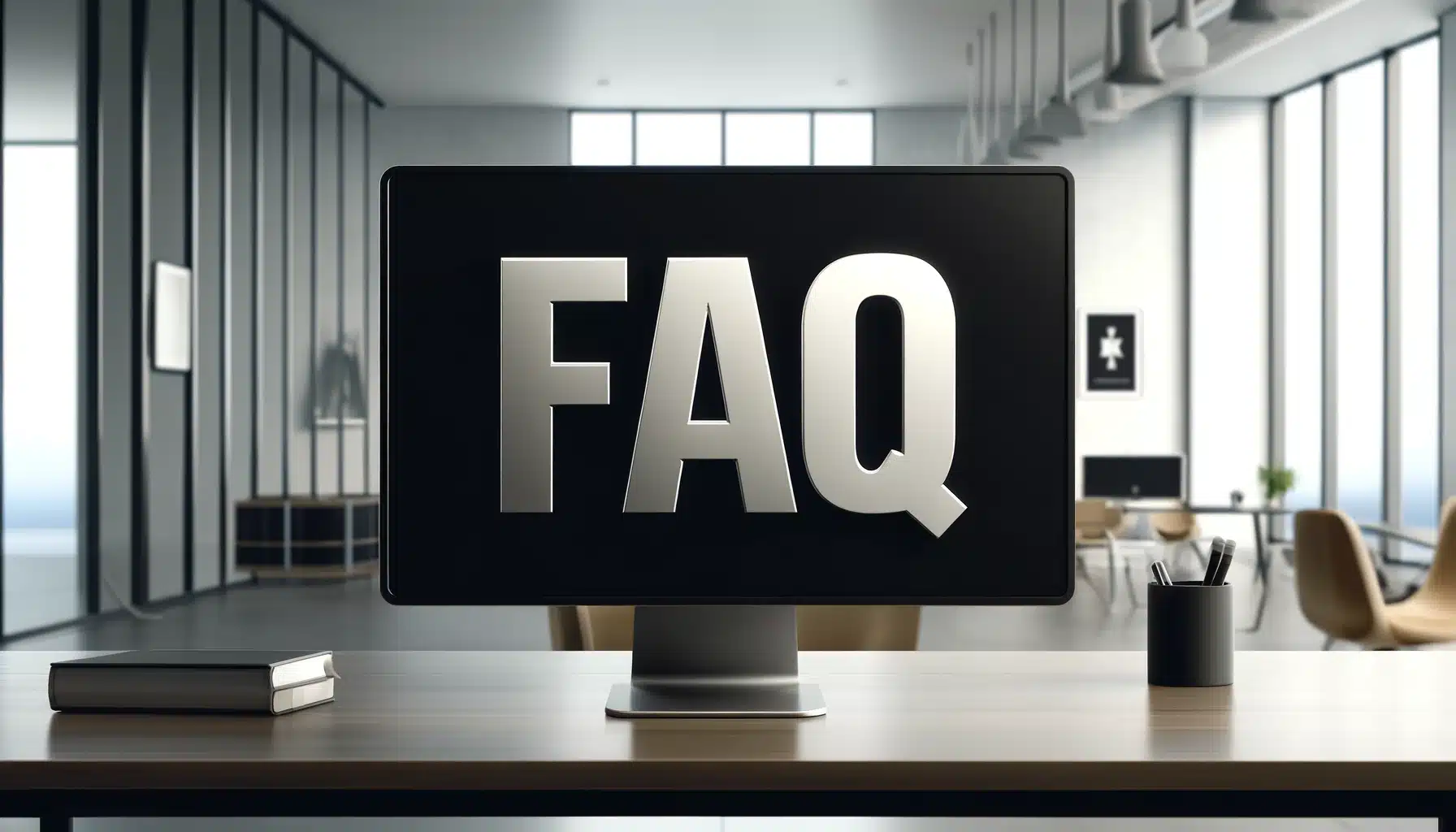 A large monitor screen prominently displaying the word 'FAQ' in bold, clean typography. The monitor is set in a modern, minimalist office environment with a sleek desk and minimal clutter.