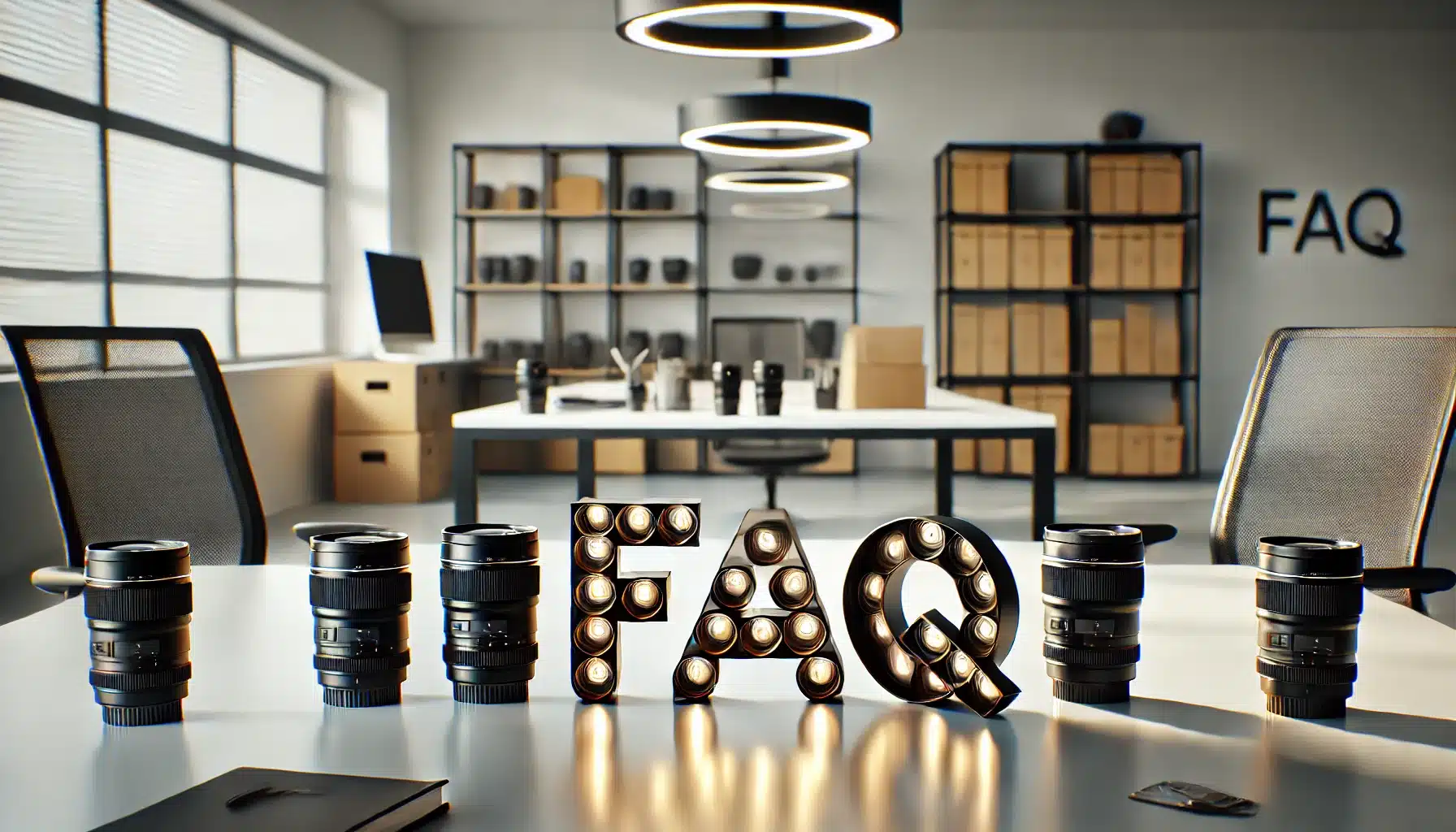 Camera lenses arranged on a clean desk in a modern office to spell out the word 'FAQ'. The desk is minimalistic with some office supplies in the background.