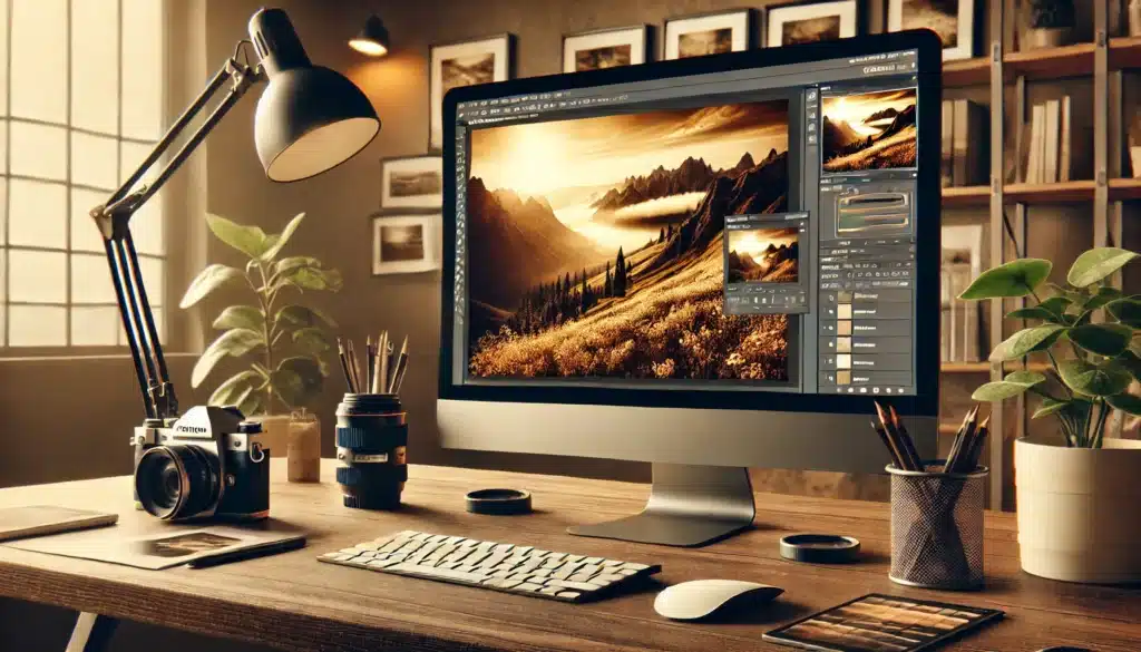 Landscape view of the final sepia filter-toned image displayed on a computer screen in a modern workspace with photography equipment.