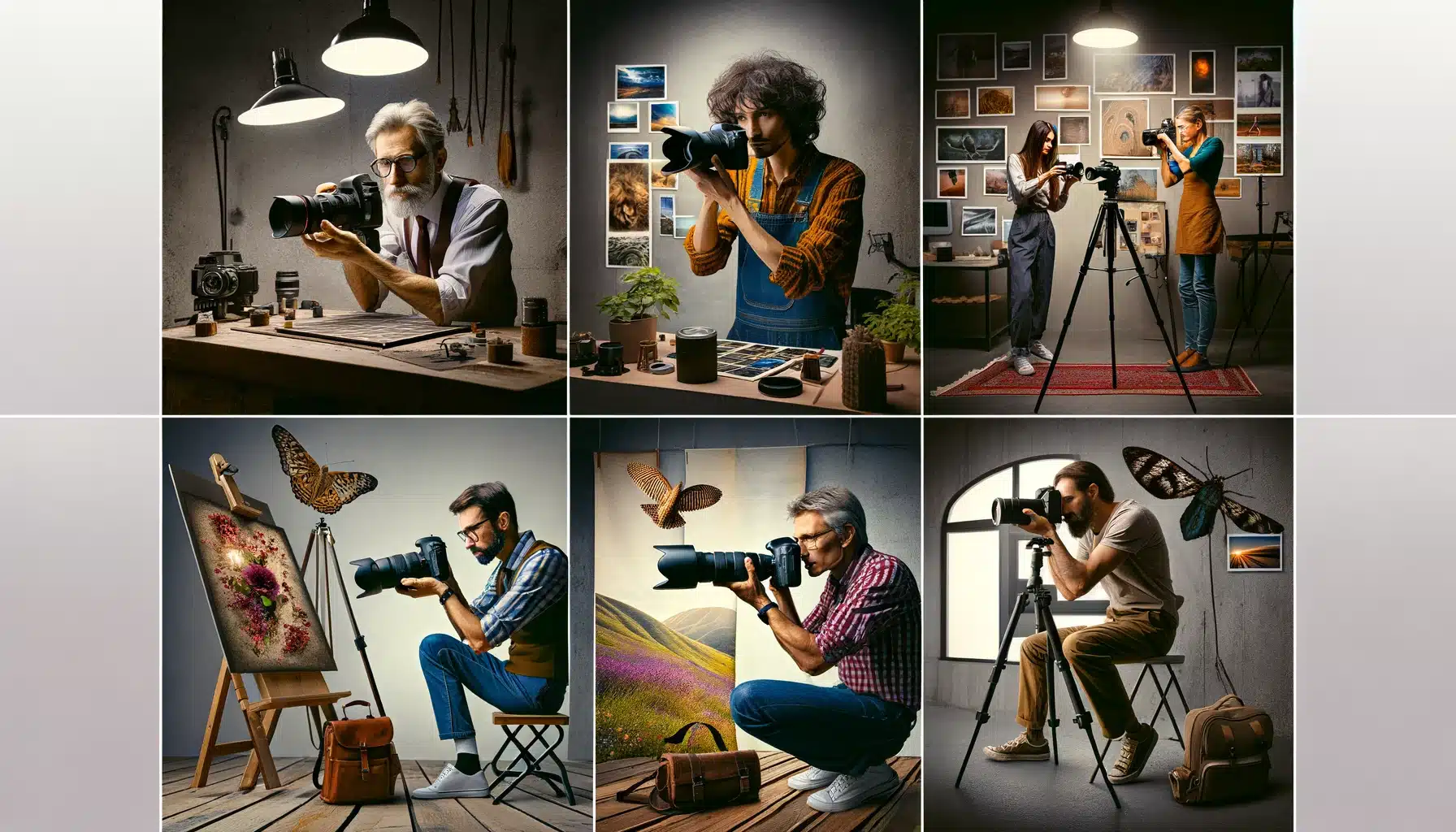 Different photographers in a studio, each demonstrating a different style of photography including fine art, portrait, landscape, wildlife, and street photography, with relevant equipment and setups.