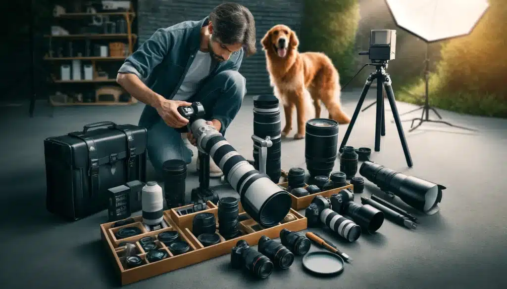 Professional photographer setting up camera gear for a pet photo shoot