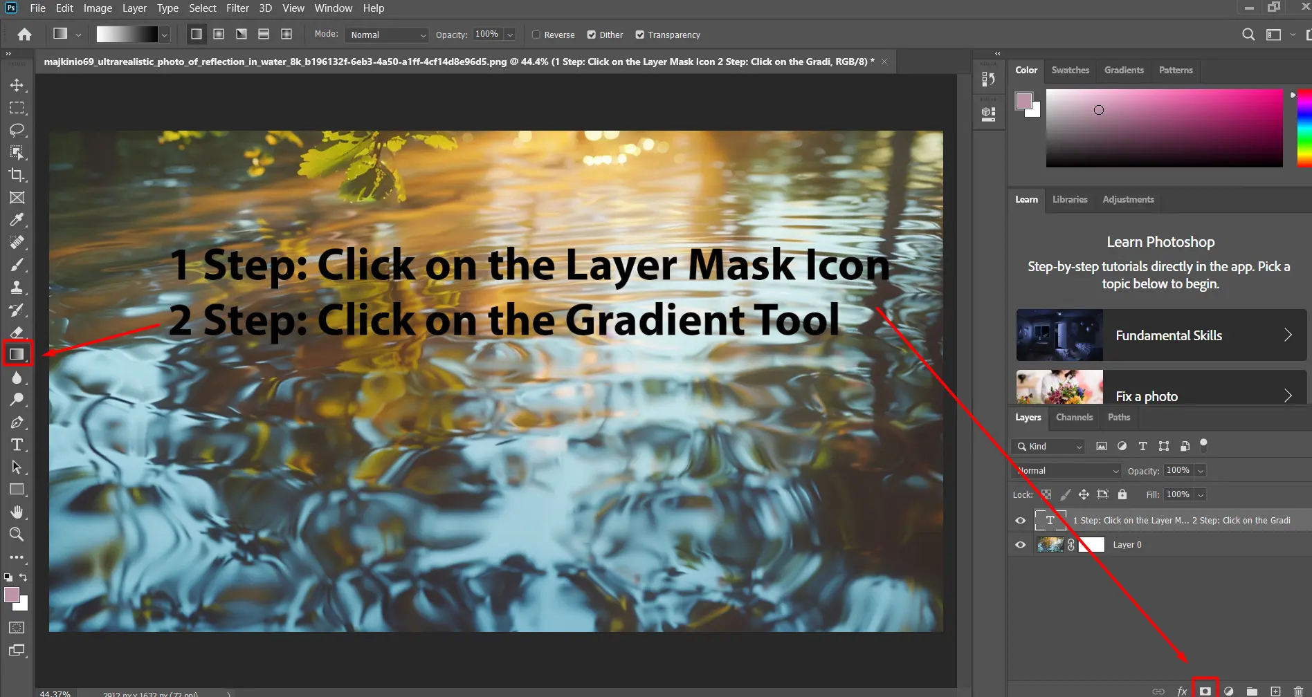 Instructions for using the layer mask icon and the gradient tool are highlighted