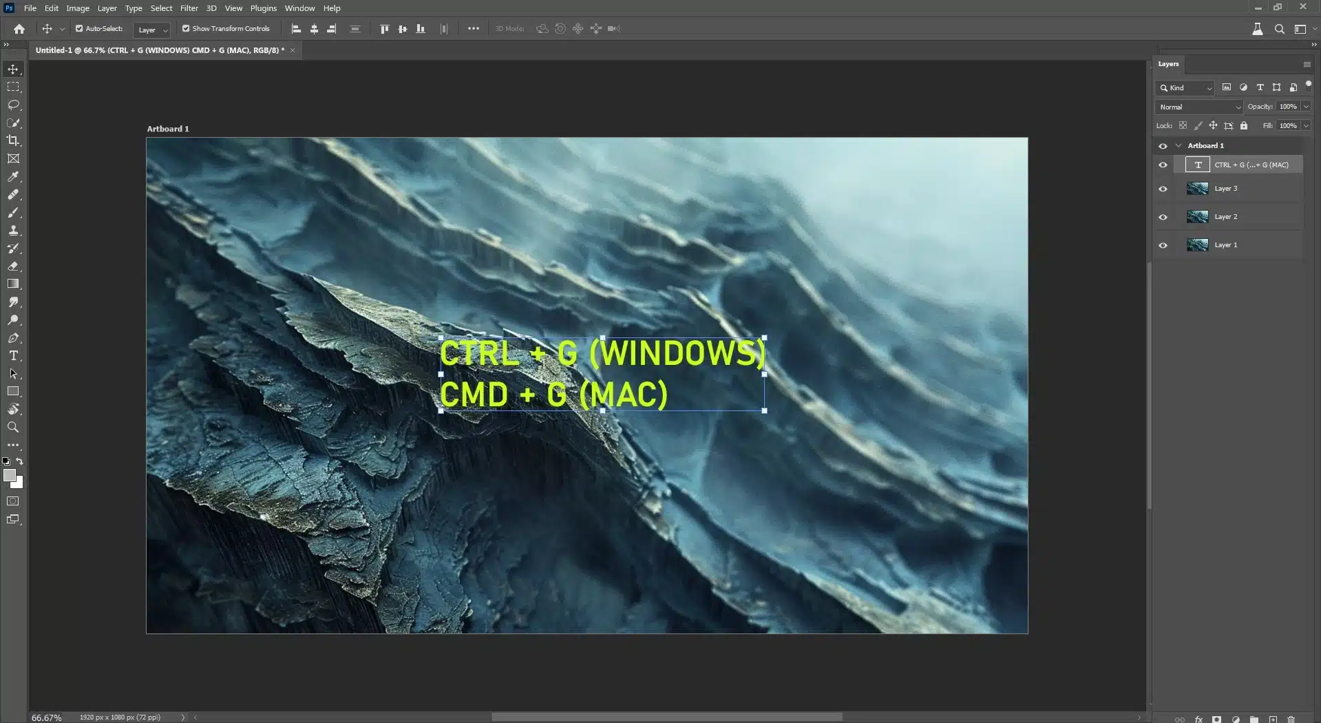 Photoshop interface showing how to group multiple layers.