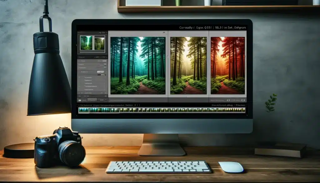 Desktop displaying Lightroom HDR merge process with three exposure levels of a forest scene.
